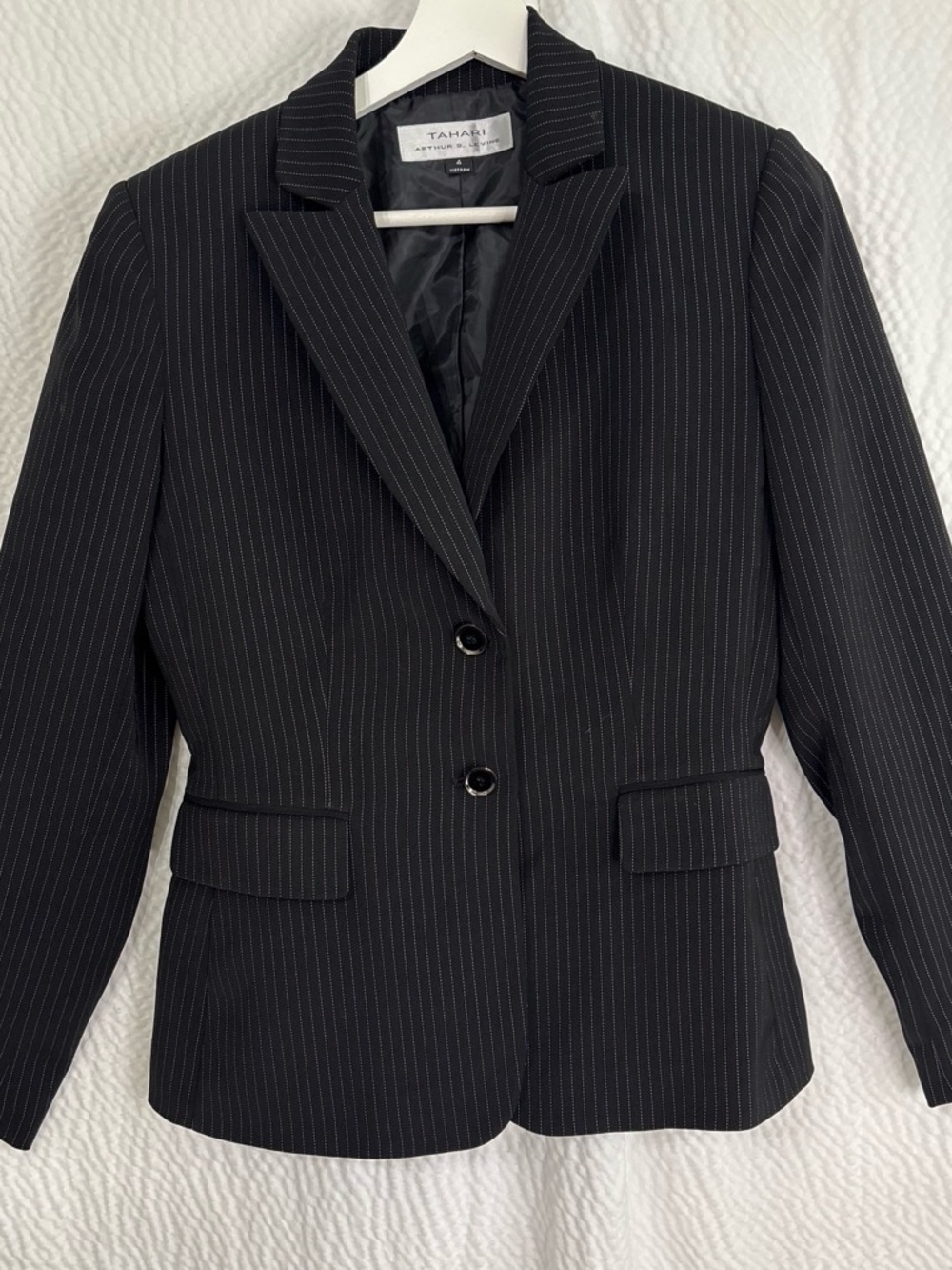 Tahari Black Pinstripe Two-Button Tailored Blazer